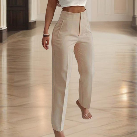 Women's High-Waisted Straight Leg Casual Trousers With Pockets