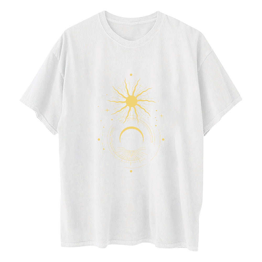 Ladies Retro Sun And Moon Element Short Sleeved T Shirt