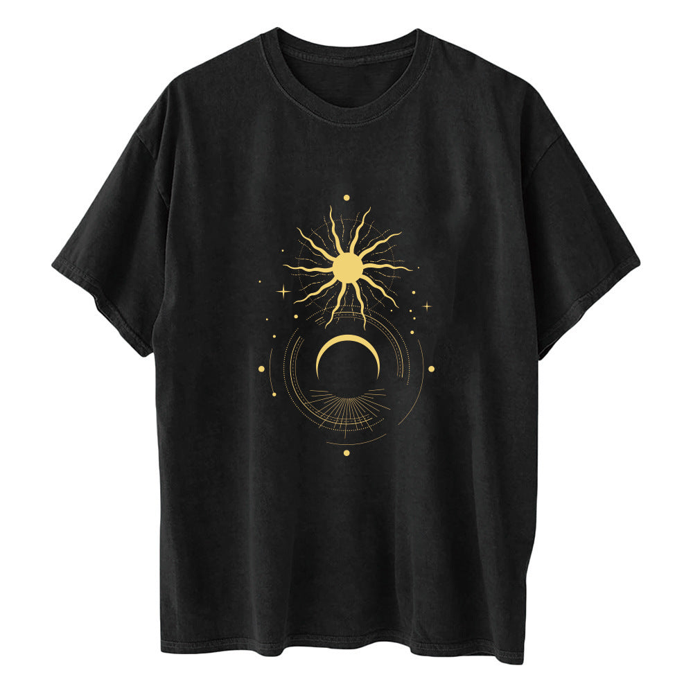 Ladies Retro Sun And Moon Element Short Sleeved T Shirt