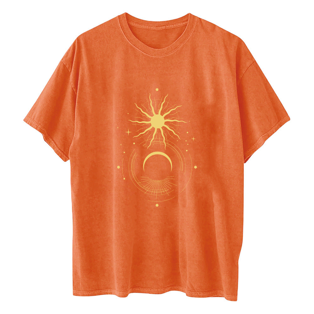 Ladies Retro Sun And Moon Element Short Sleeved T Shirt