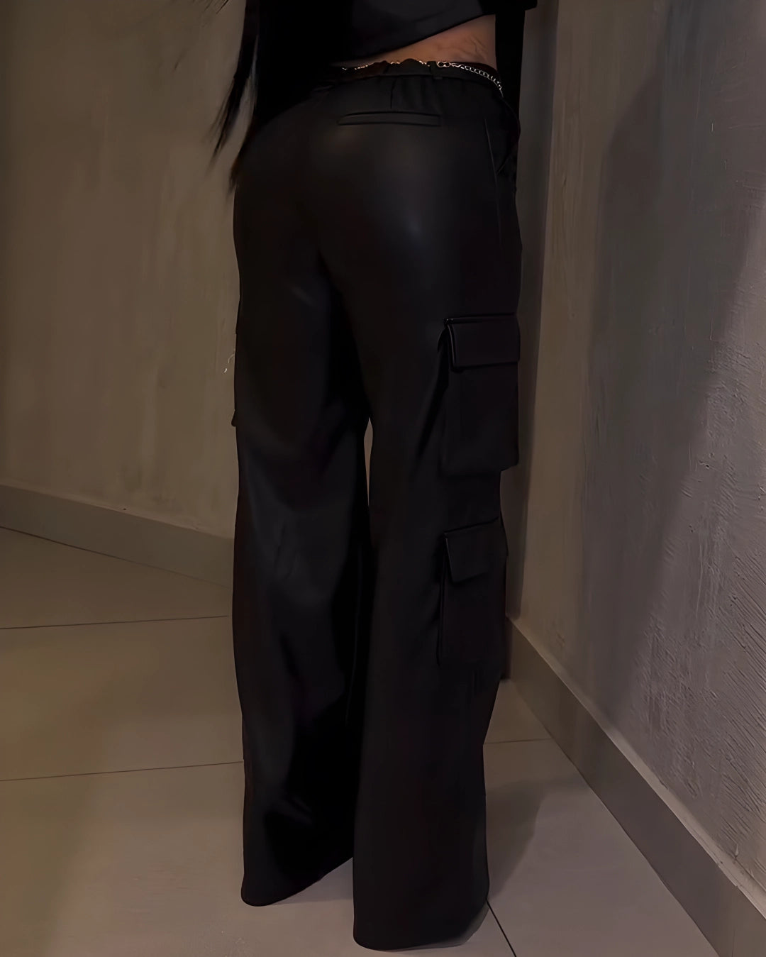 Women's Cargo Style Wide-Leg Leather Pants
