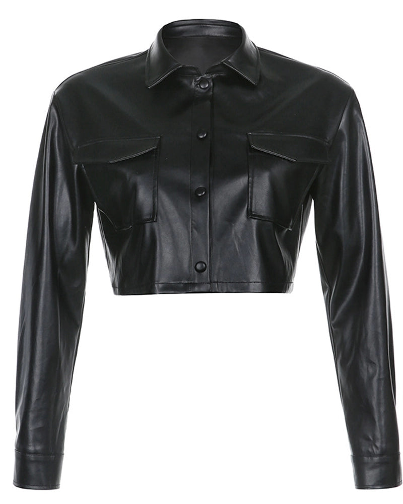 Long-Sleeved PU Leather Jacket Short Coat