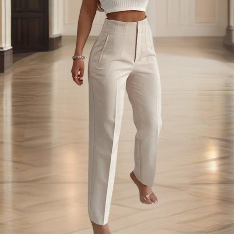 Women's High-Waisted Straight Leg Casual Trousers With Pockets