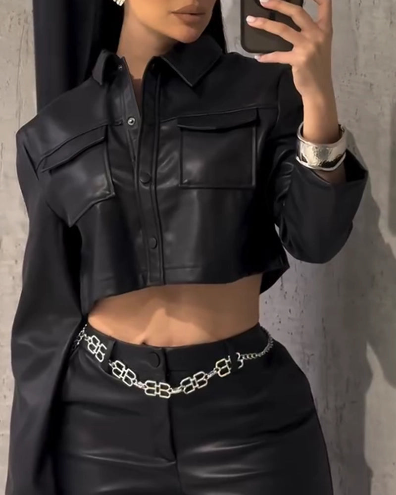 Long-Sleeved PU Leather Jacket Short Coat